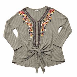 Andree By Unit Shirt Womens Medium Embroidered Tunic Top Waffle Knit Tan Boho